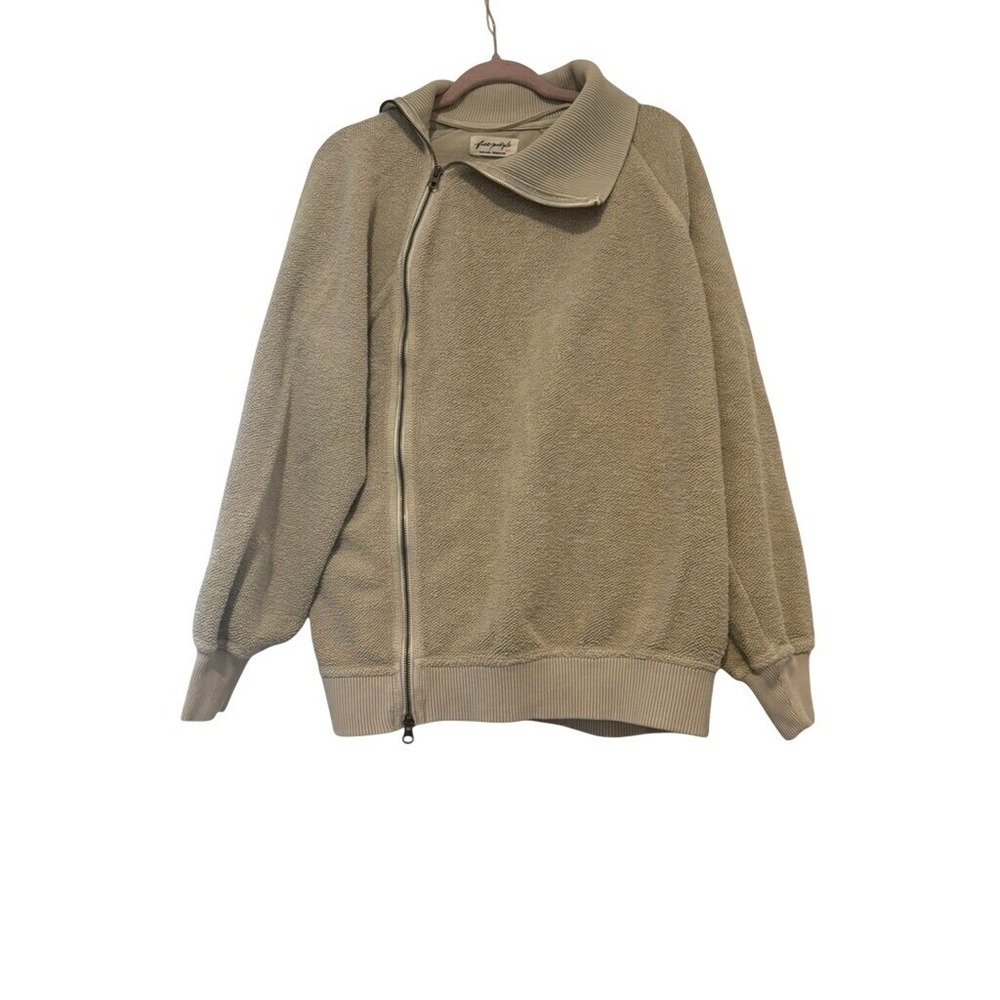Free People oversized M zip up high collar textured beige boho sweatshirt II